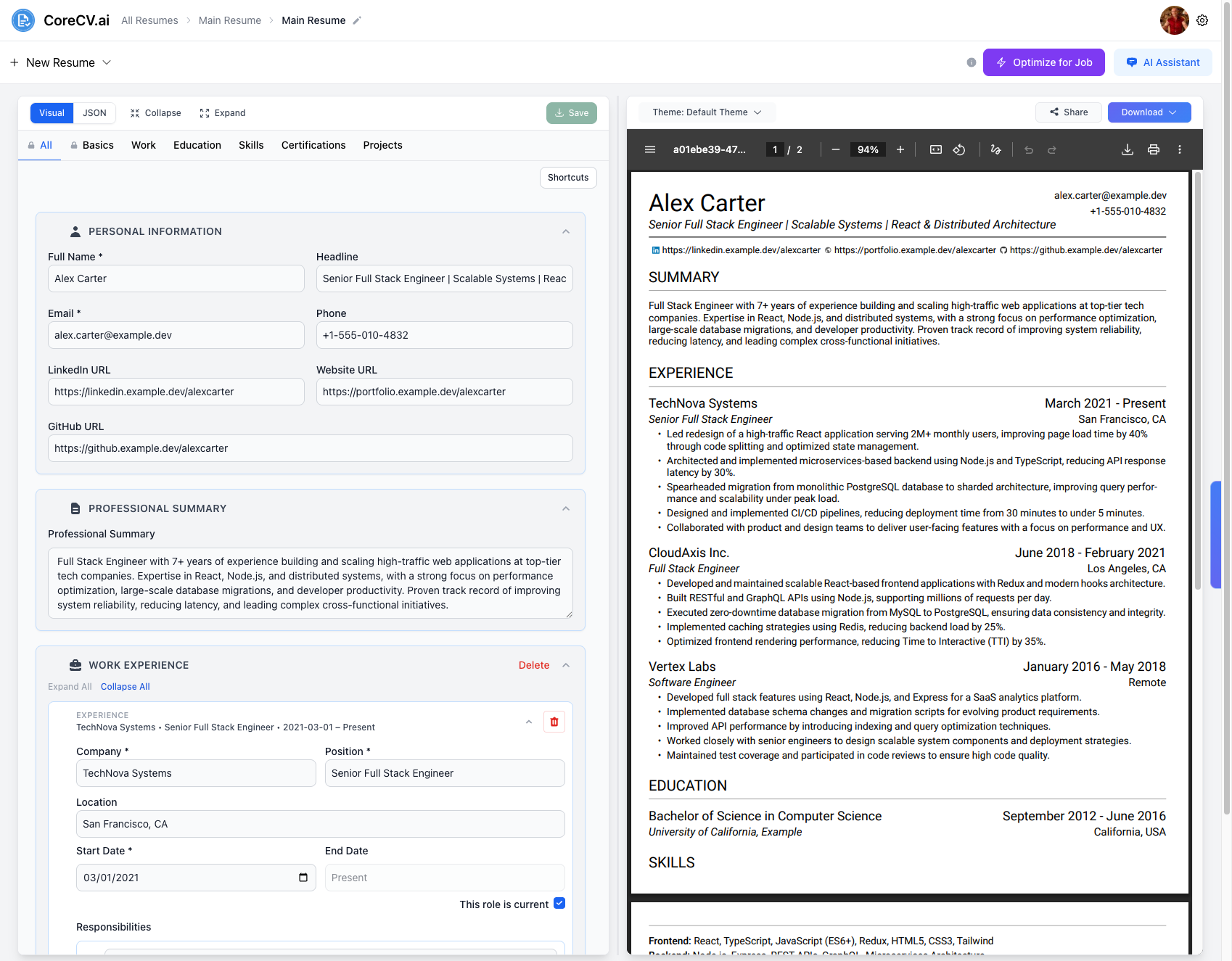 CoreCV editor showing a source resume and tailored output